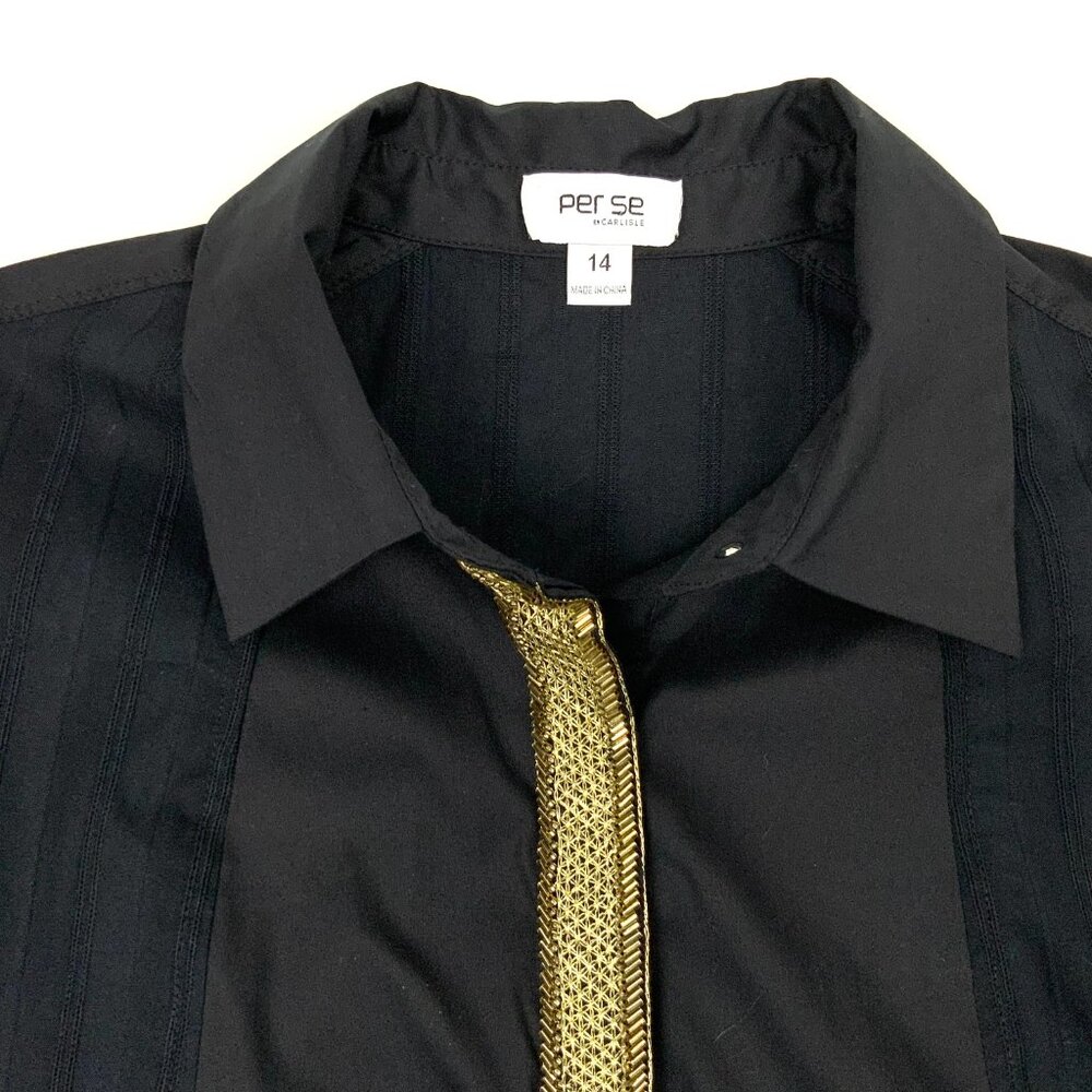 New Per Se by Carlisle Black Button Down Shirt Gold Embellishment Sz 14 - Picture 3 of 16